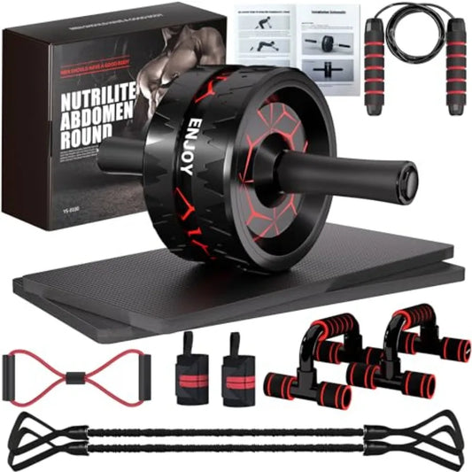 Ab Roller Wheel Kit for Core Training with Resistance Bands Knee Mat Jump Rope Push-Up Bar in Black and Blue